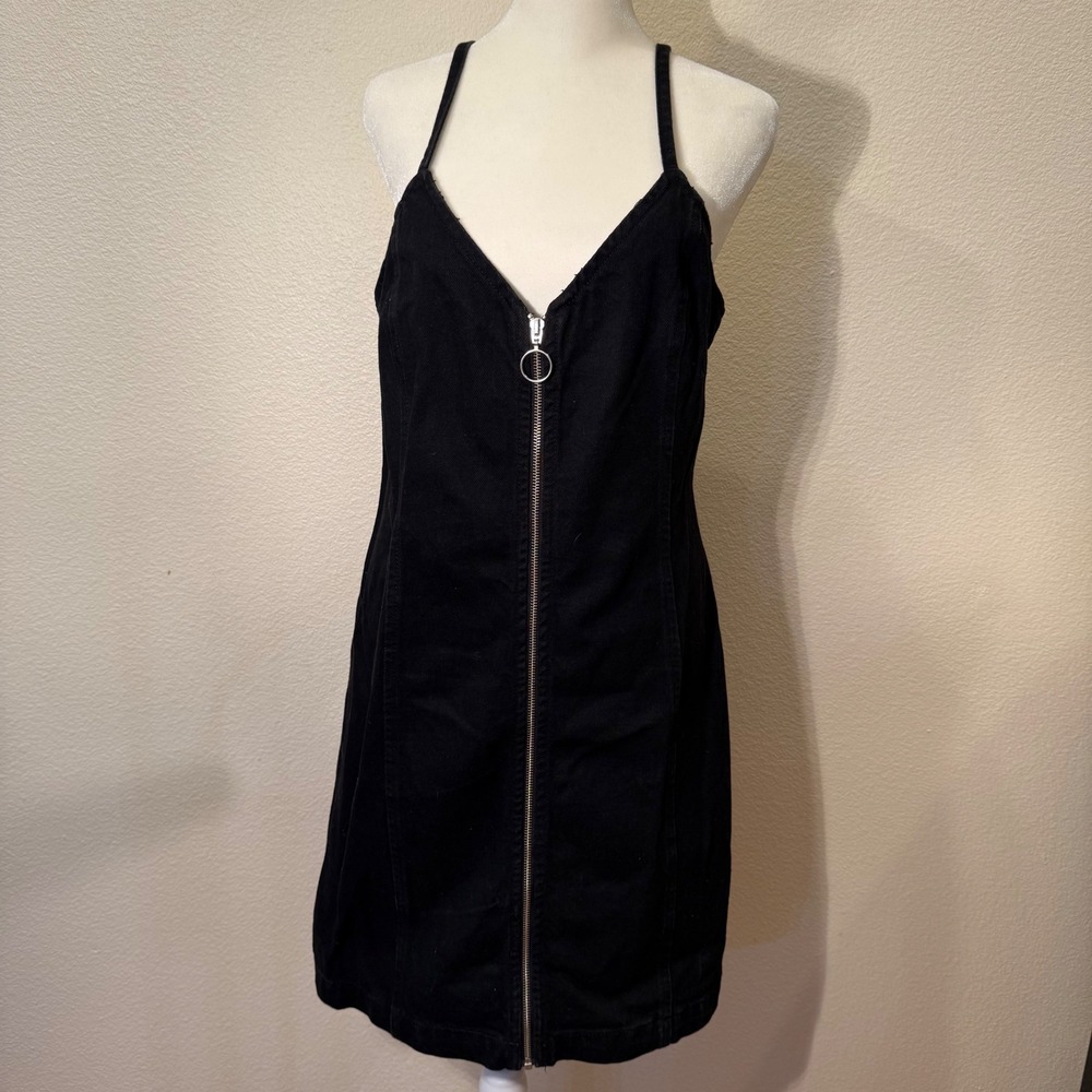Topshop MOTO Black Denim 100% Cotton Zip Front Mini Dress O-Ring Size 12
